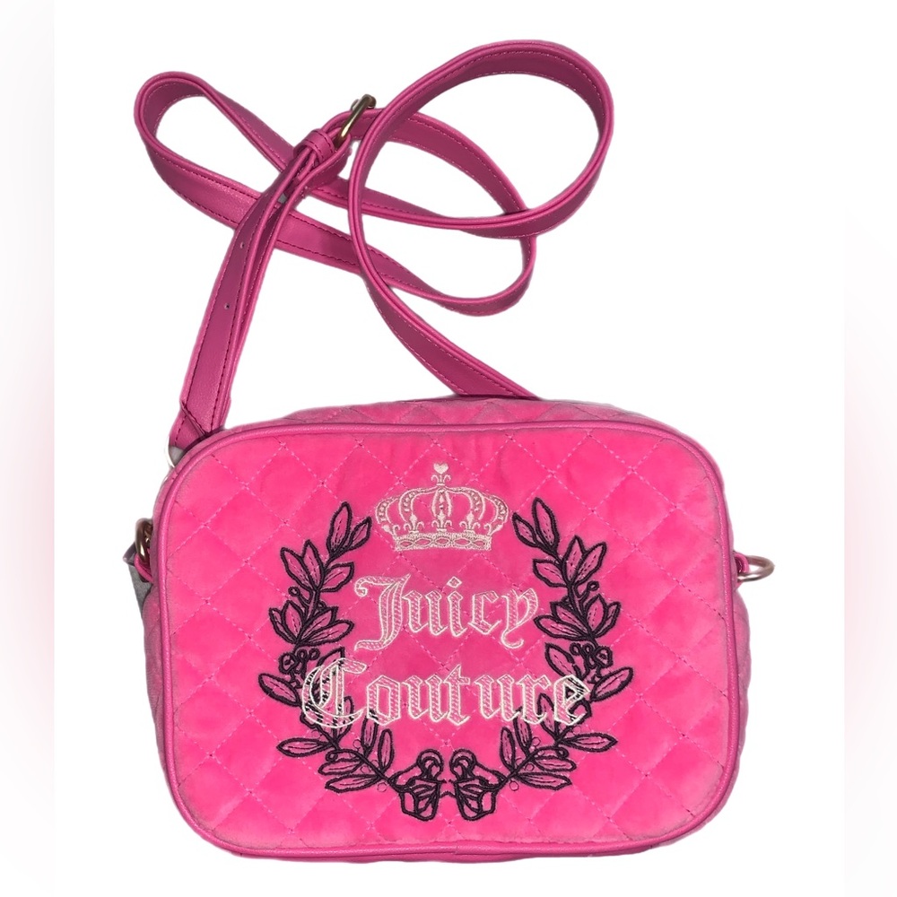 Juicy Couture Royal Couture Hot Pink Quilted Velour Crossbody Bag Purse Camera
